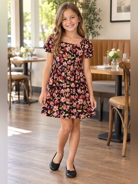 Vince Camuto Girls S Floral Button Front Puff Sleeve Empire Waist Dress
